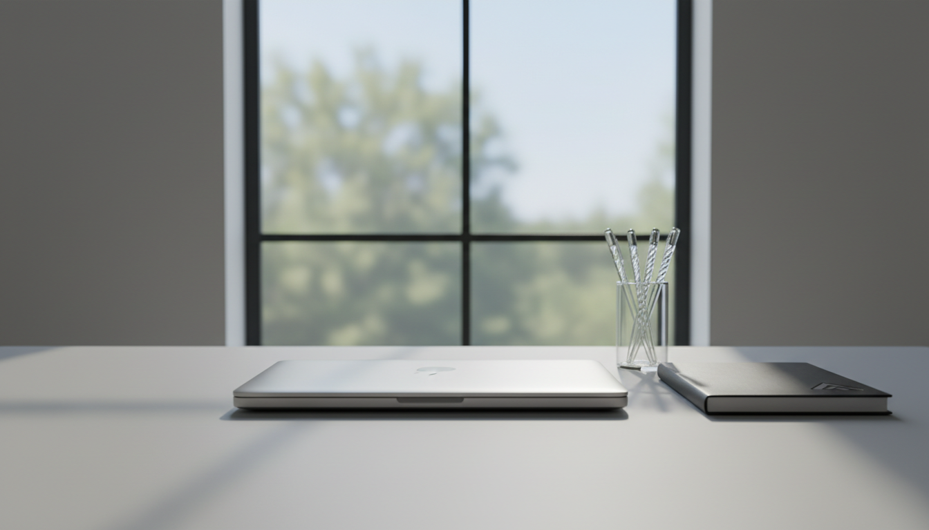 A structured desktop setup showcasing a minimalist silver laptop, matte black notebook, and a glass pen holder neatly arranged on a smooth light-grey workspace. The items are precisely aligned, with ample negative space around them to evoke an organized, uncluttered feel. A large window in the background casts soft, natural daylight, highlighting the subtle textures and casting gentle, elongated shadows across the desk. The scene is captured from an eye-level, rule-of-thirds composition, with sharp clarity and a subtle bokeh effect on the background, creating a refined, calm, and professional mood. This photographic image aligns with the clean and modern branding of a contemporary staffing firm.